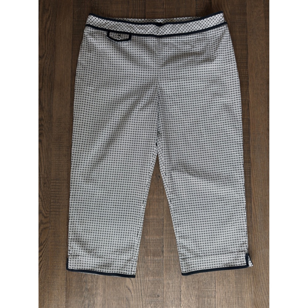 Talbots Women Navy White Geometric Tile Print Cropped Stretch Pants Size 14